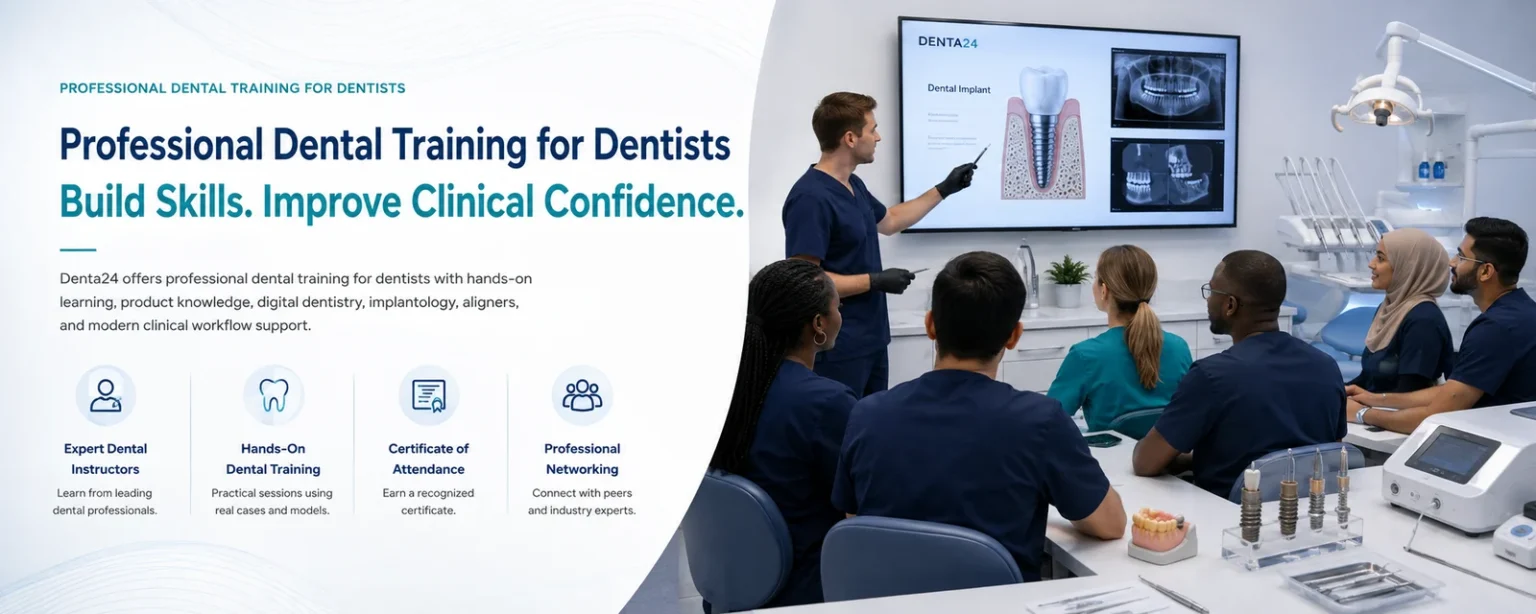 Professional dental training session for dentists with modern dental equipment, clinical demonstration, and hands-on product education by Denta24