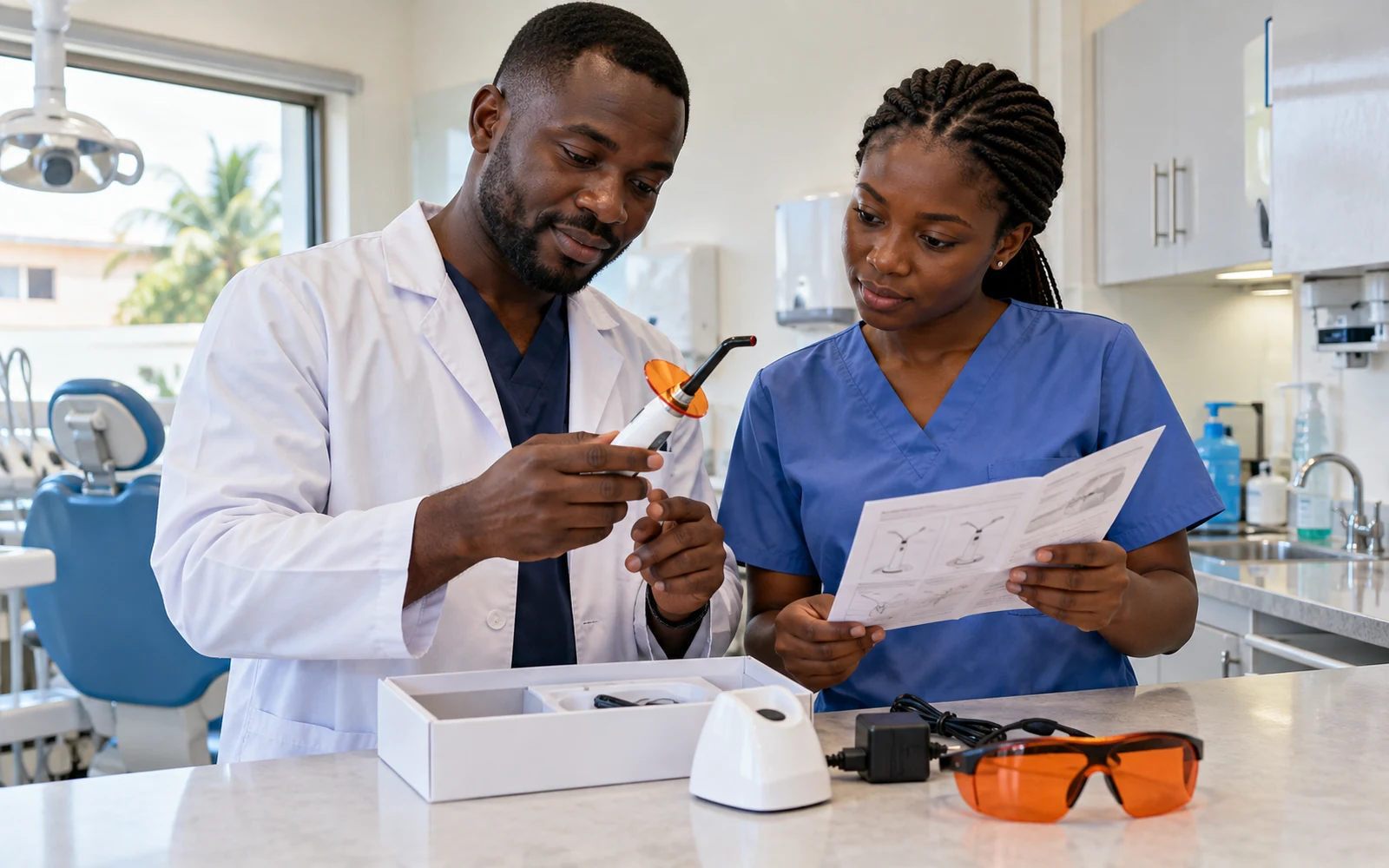 Dental team reviews a curing light and its instructions at a clinic counter