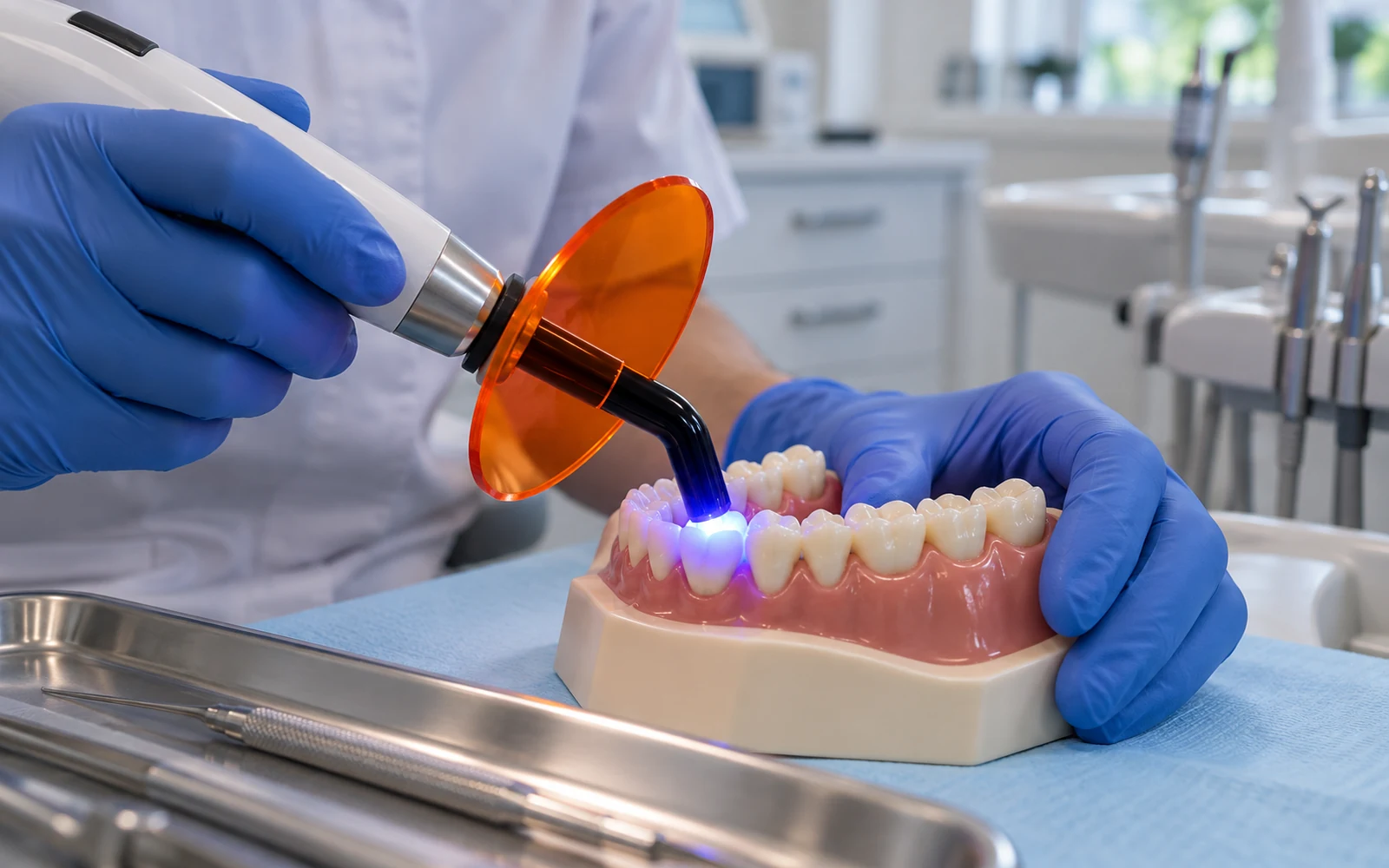 Gloved clinician positions an LED curing light over a dental training model with an orange shield