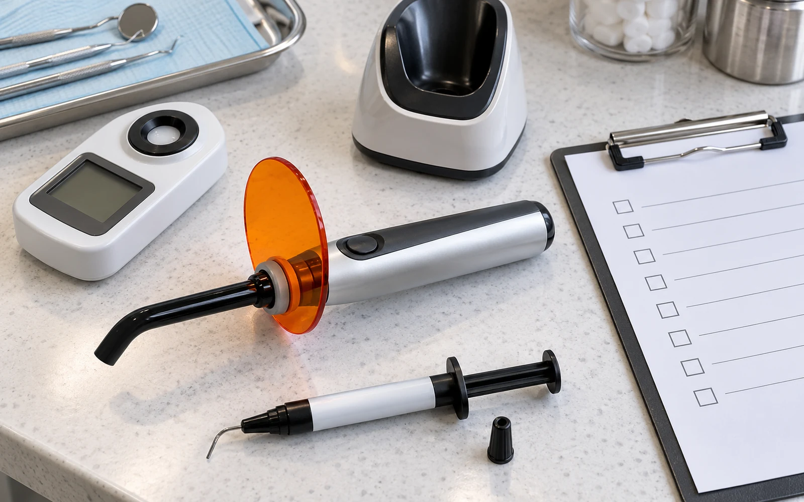 LED curing light, protective shield and inspection equipment arranged beside a blank checklist