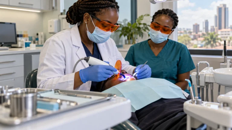 Dentist using an LED curing light and orange protective eyewear during restorative treatment
