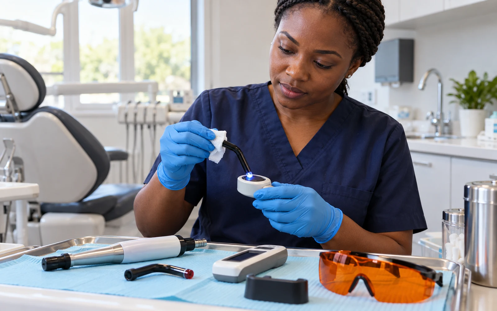 Dental assistant inspects a curing light guide beside an output-testing device and protective glasses