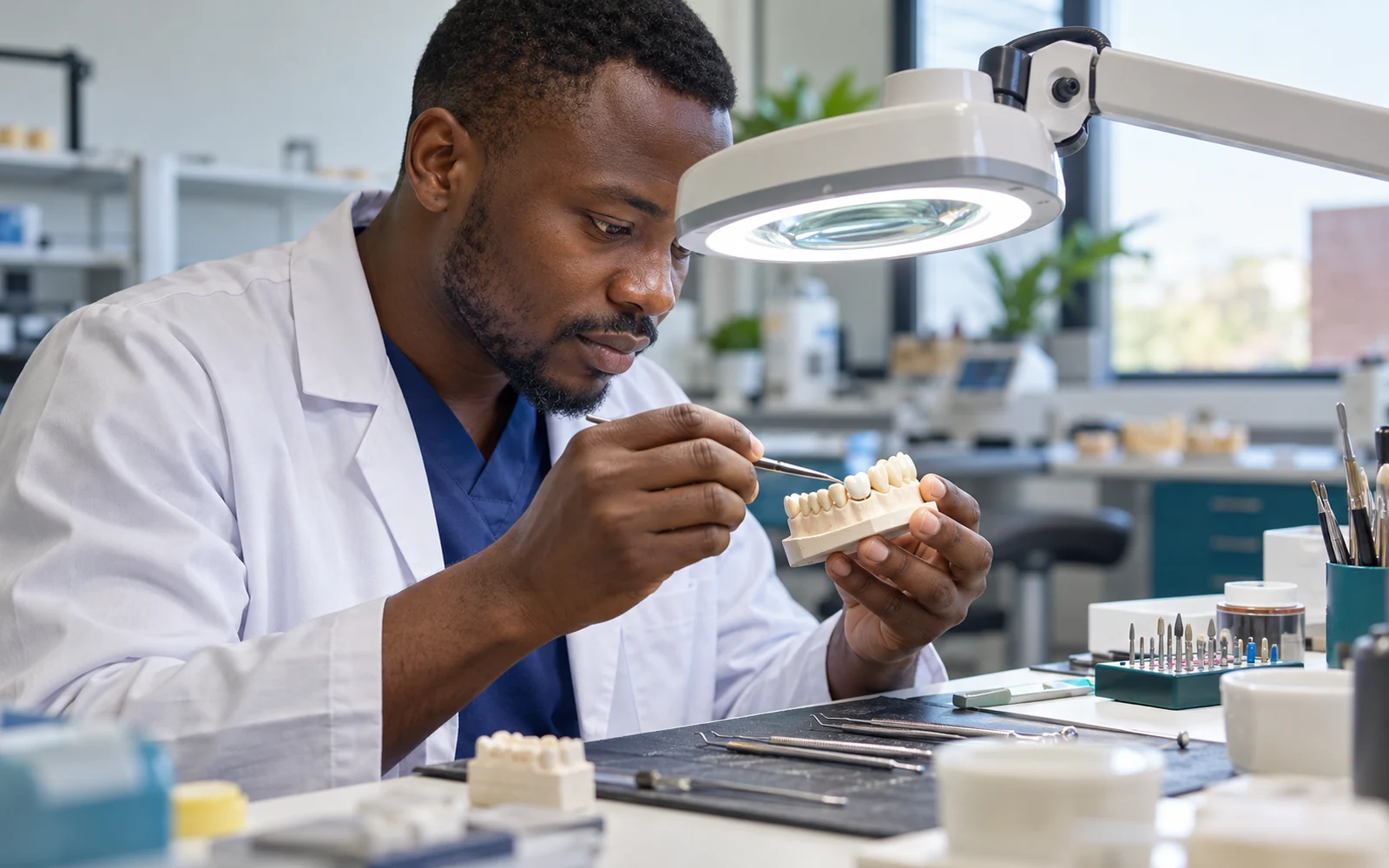 Technician assesses a ceramic crown on a model for a zirconia vs E.max crowns comparison.