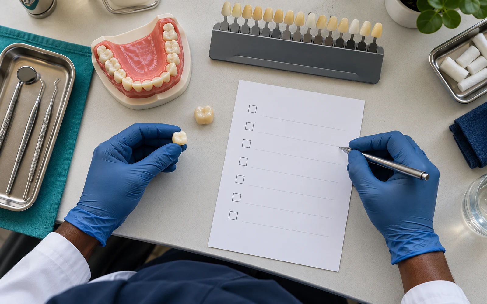 Ceramic crown samples, dental model and case-planning materials