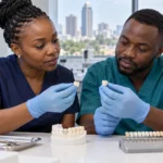 Dentist and technician compare ceramic samples for a zirconia vs E.max crowns case discussion.