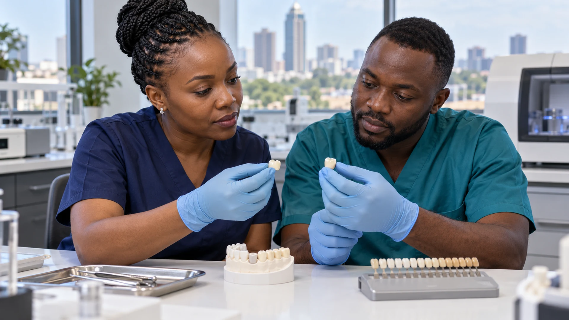 Dentist and technician compare ceramic samples for a zirconia vs E.max crowns case discussion.