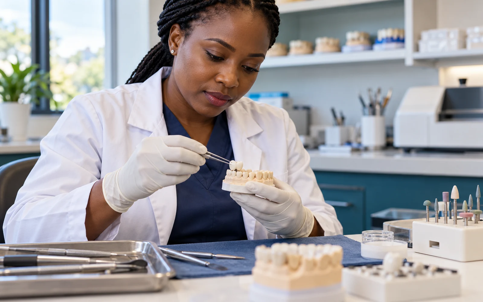 Dentist examines a crown and model at a laboratory workstation