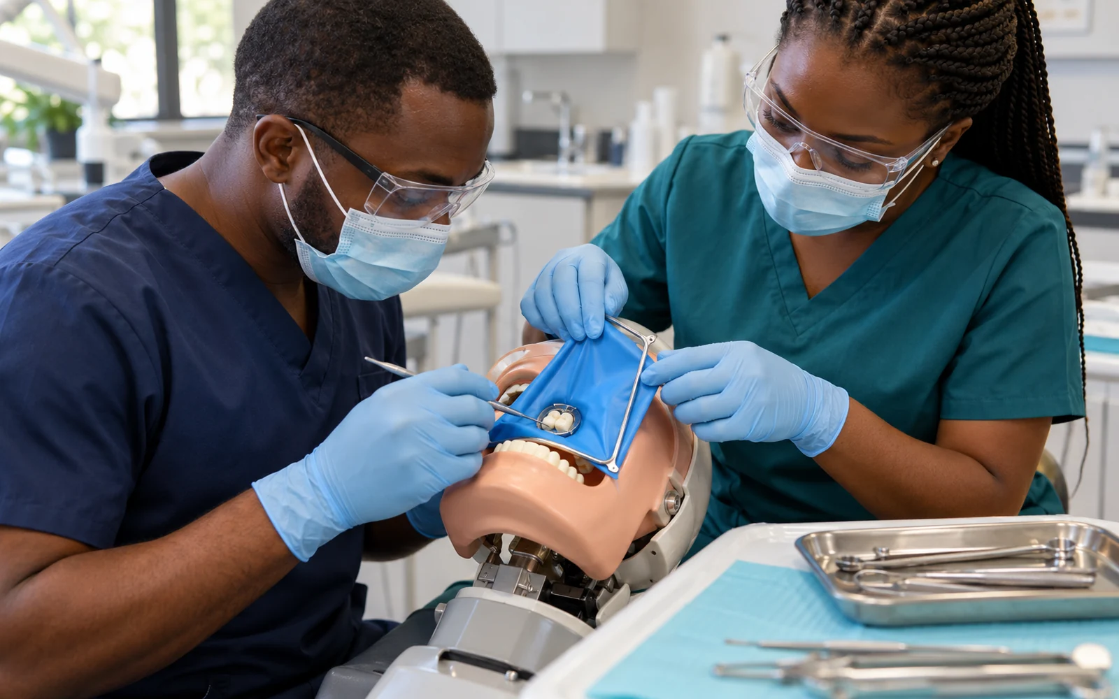 Gloved clinicians demonstrate rubber dam isolation on a dental training model.