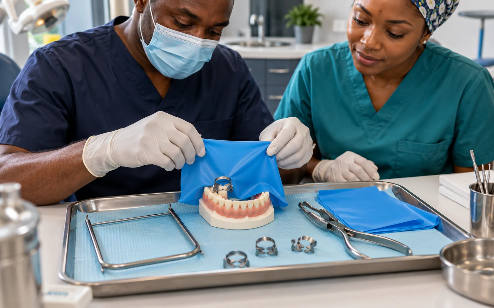 Dental dam materials and instruments prepared for an isolation review