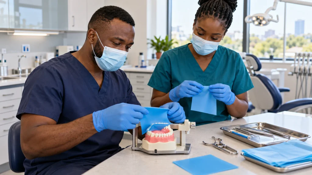 African dental team prepares rubber dam isolation supplies beside a training model.