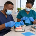 African dental team prepares rubber dam isolation supplies beside a training model.
