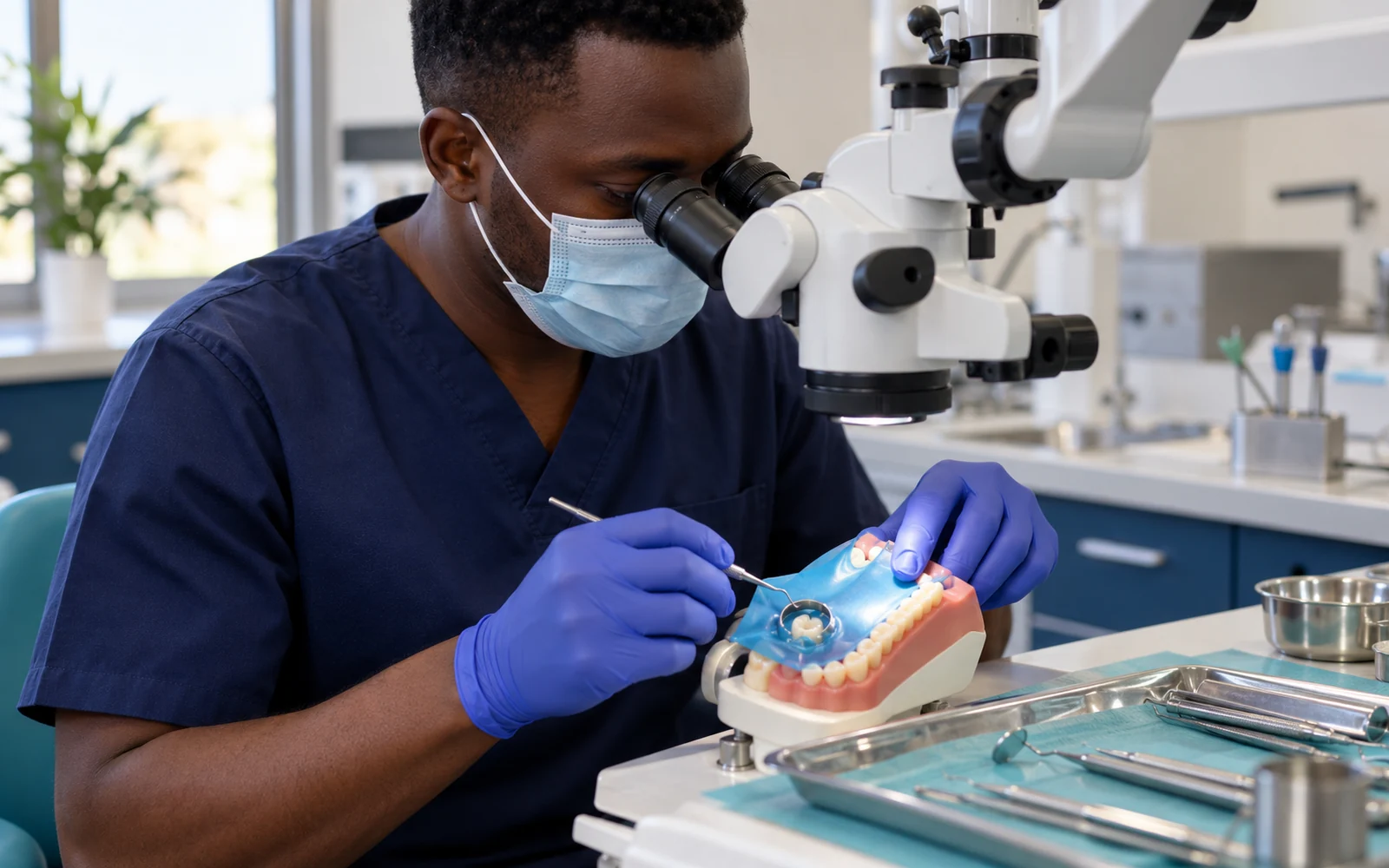 Clinician checks a dental dam arrangement on a dental model