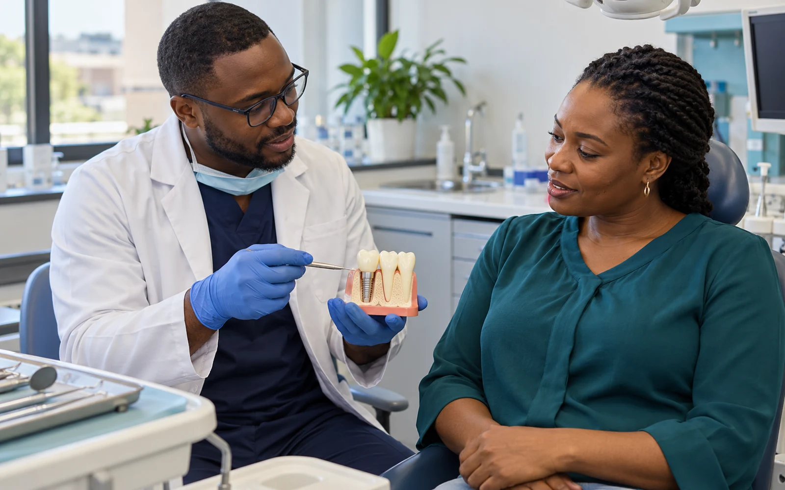 Dentist explains implant crown maintenance with a training model