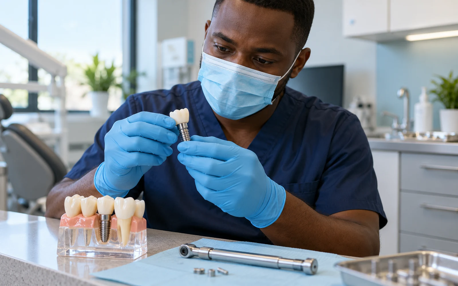 Clinician examines implant crown retention components beside a dental training model.