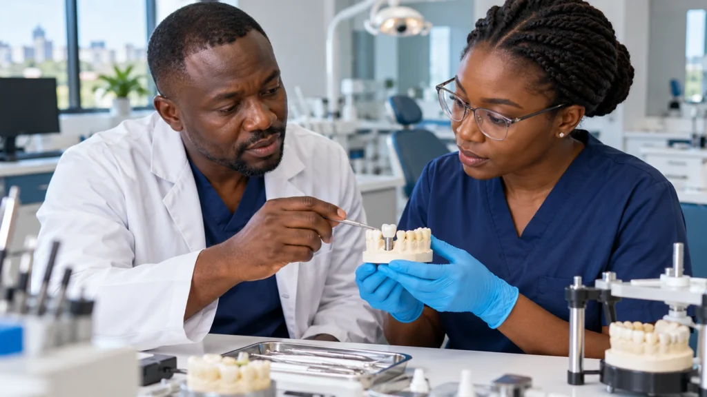 Dental professionals discuss implant crown retention using a single-crown model.
