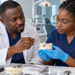 Dental professionals discuss implant crown retention using a single-crown model.