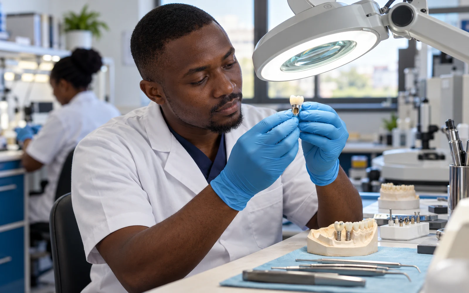 Dental technician inspects a generic implant crown at a laboratory bench