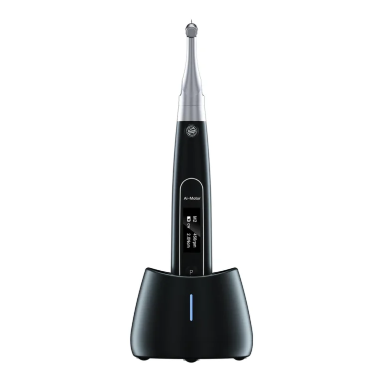 Woodpecker Ai-Motor — black cordless handpiece upright on its charging base