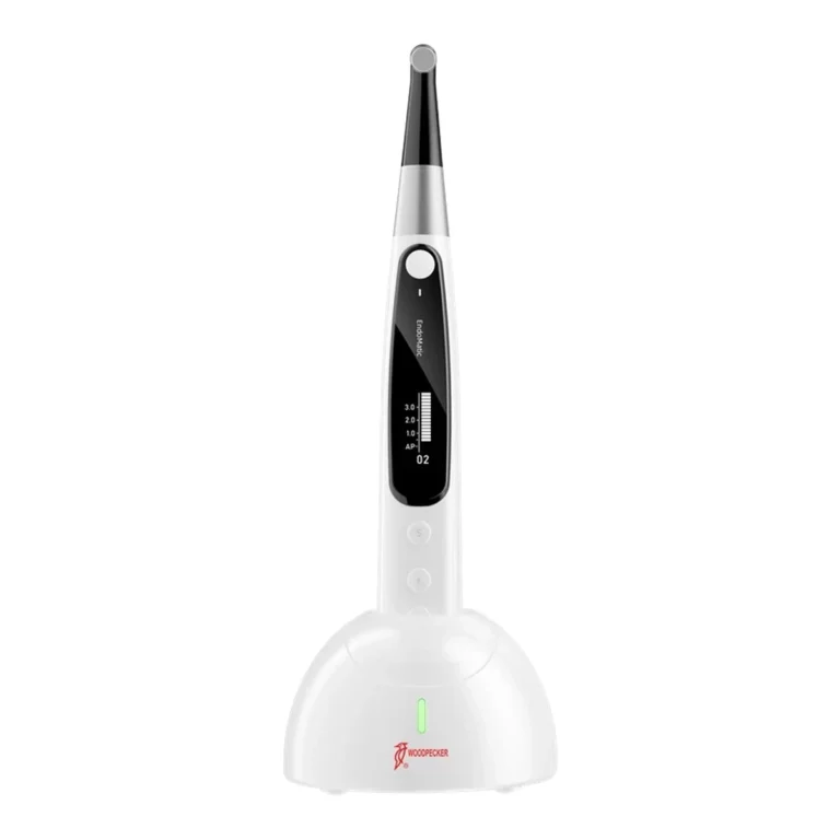 Woodpecker EndoMatic — front view of the handpiece seated in its white base