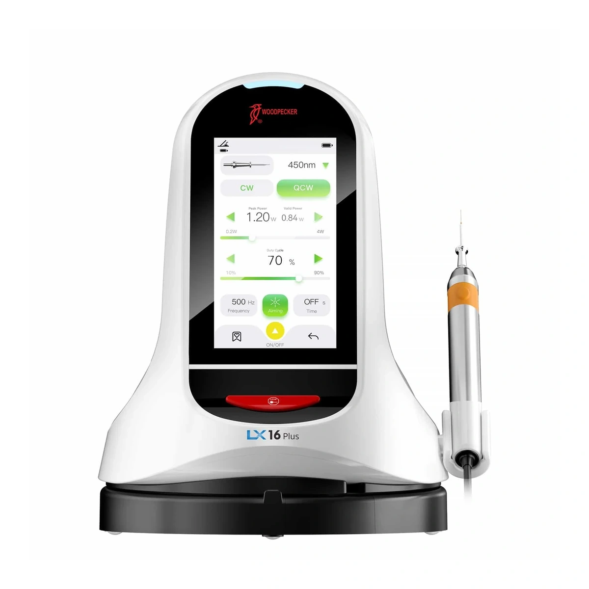 Woodpecker LX16 Plus — front view of the laser touchscreen, handpiece and base