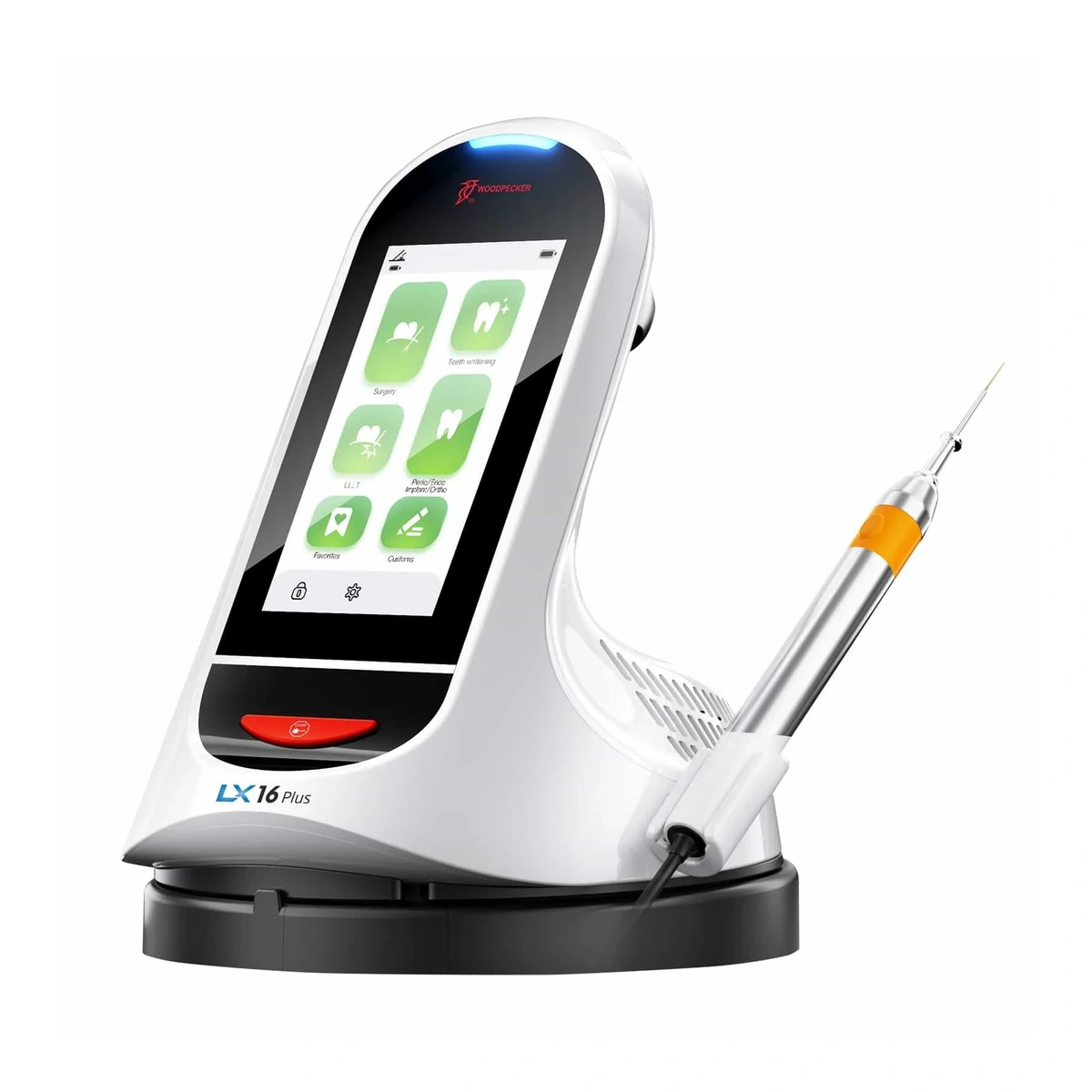 Woodpecker LX16 Plus — angled view of the laser with the handpiece in its holder