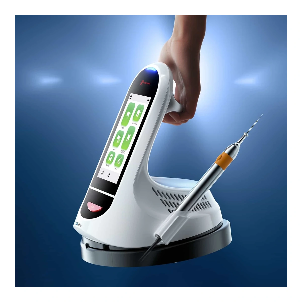 Woodpecker LX16 Plus — hand-held view of the laser housing beside its base
