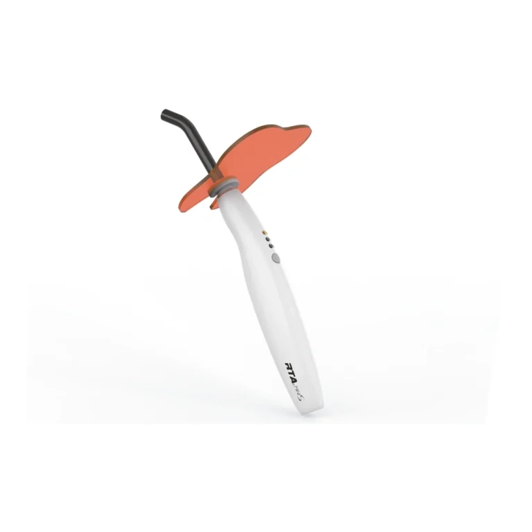 RTA Mini S — angled handpiece with optical-fibre tip and orange eye shield