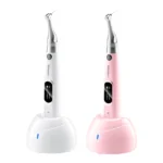 Woodpecker MotoPex — white and pink handpieces illustrated on charging bases