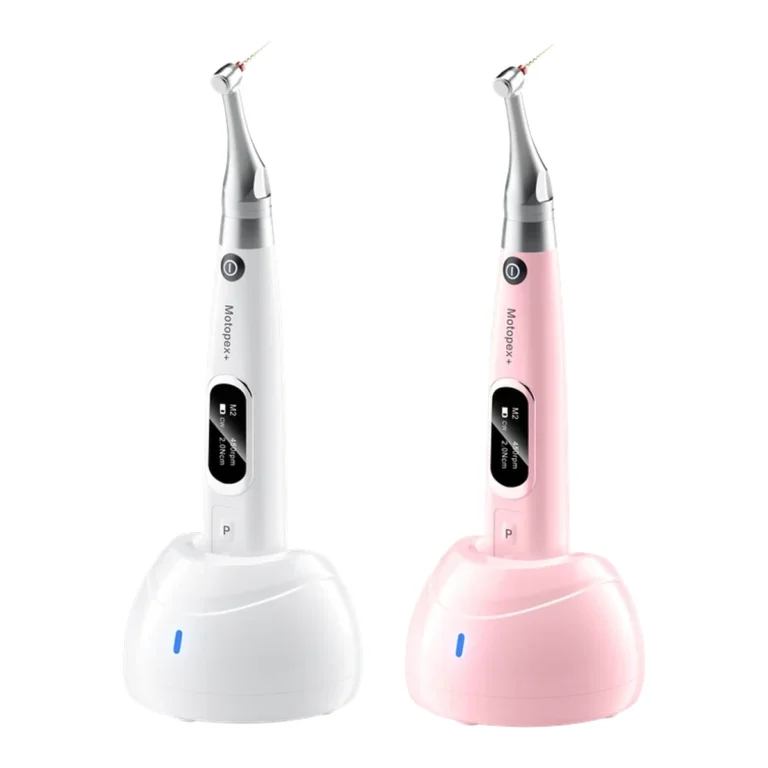 Woodpecker MotoPex — white and pink handpieces illustrated on charging bases